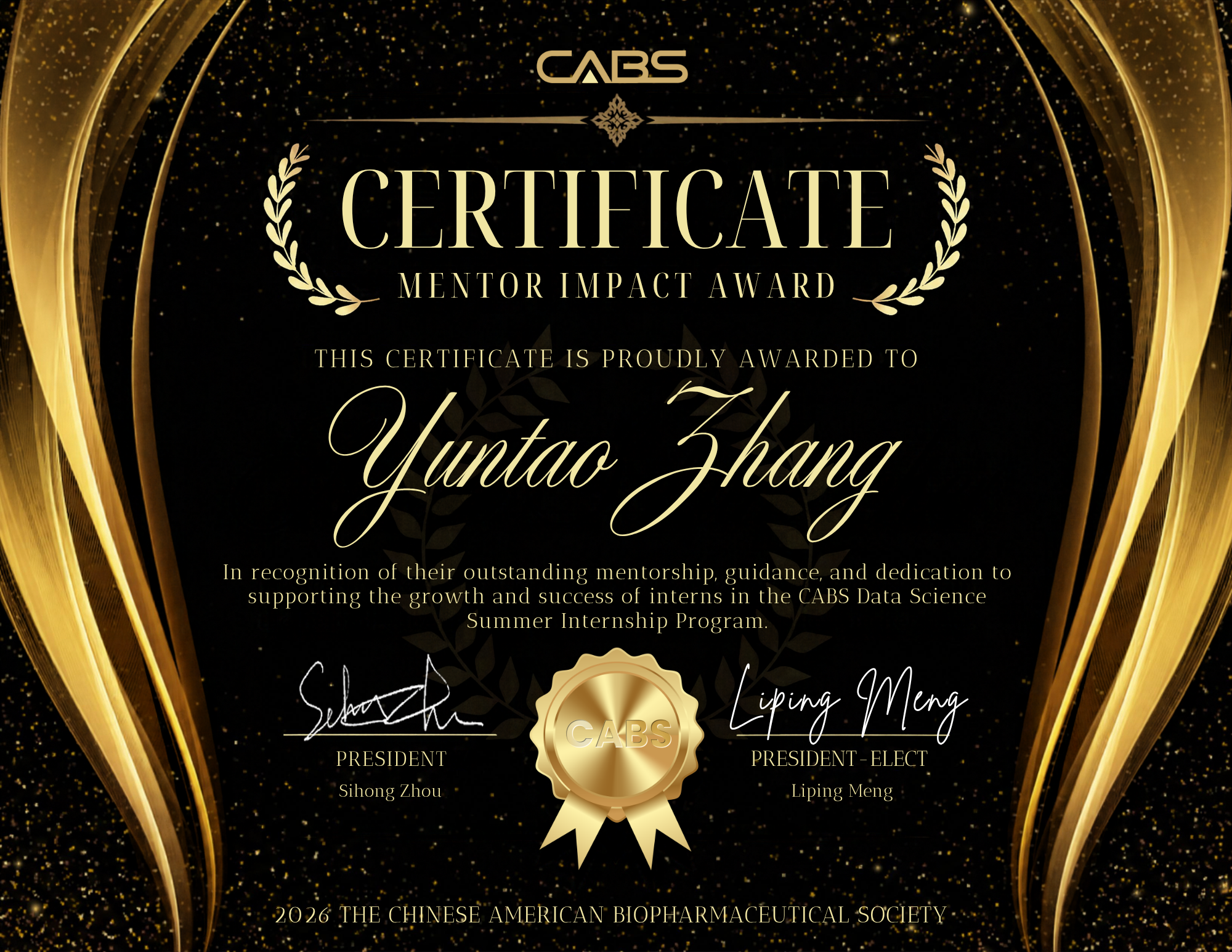CABS Mentor Impact Award Certificate
